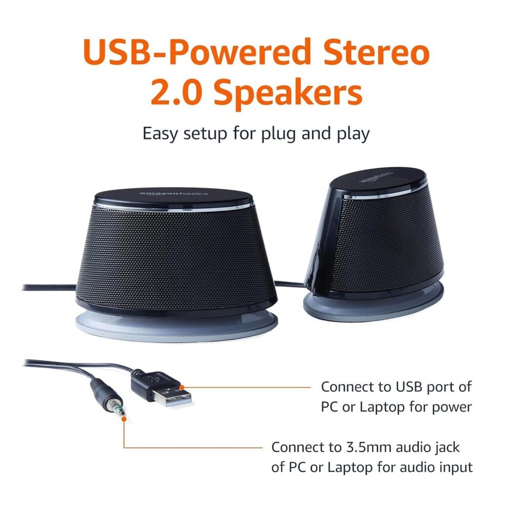 Amazon Basics Stereo 2.0 Speakers for PC/ Laptop 3.5mm USB-Powered Black 1 Pair